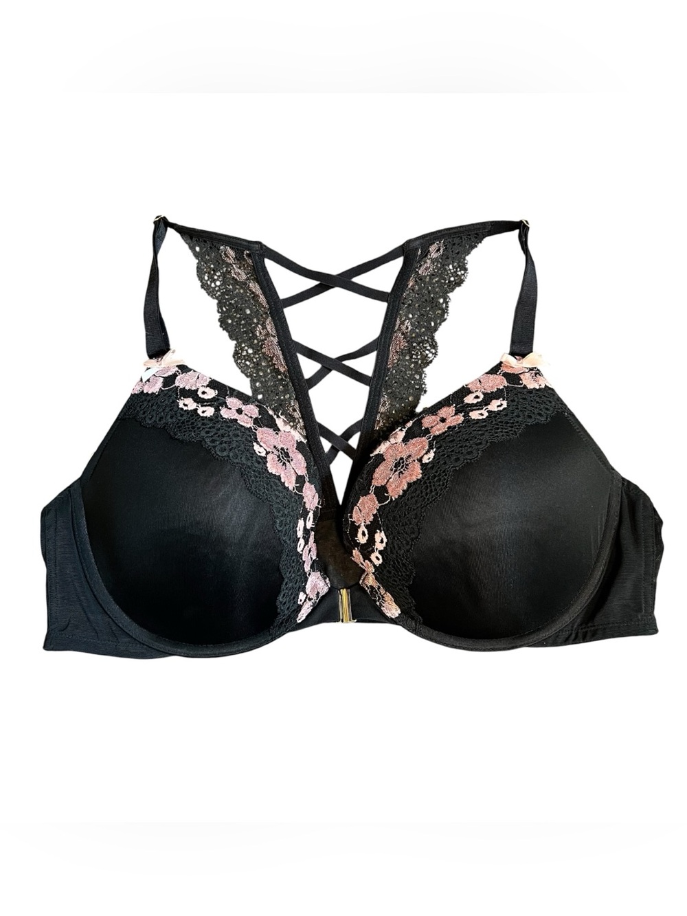 Cacique Black Lace-Accent front closure Bra with Pink Floral Embroidery size 44C